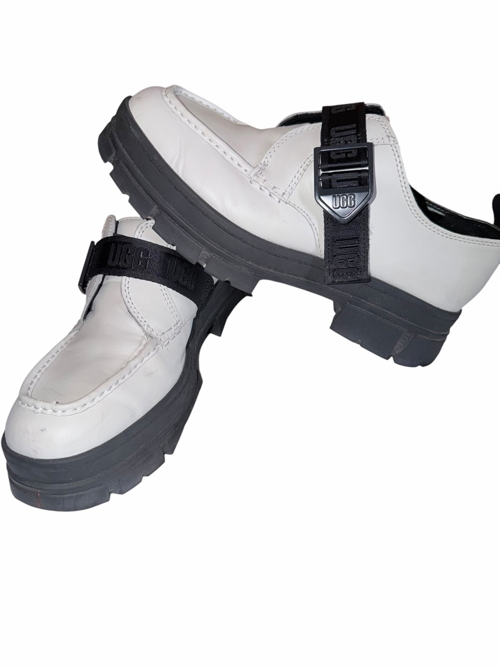 UGG White Leather Lug-Sole Mary Jane with Black Strap